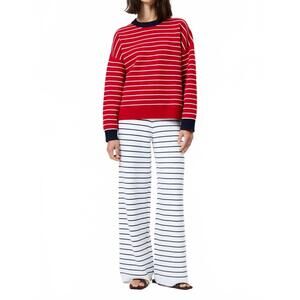 NEW FRENCH CONNECTION marley knit striped crew neck sweater in crimson red/ whit